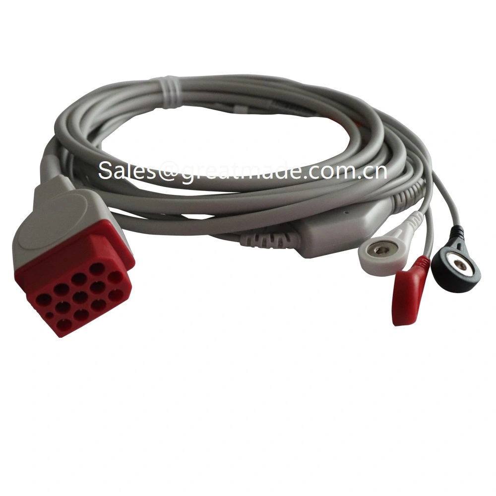Bionet BM3 BM5 yang serasi satu bahagian kabel ECG dengan leadwires, AHA, 3-Lead, snap, 12pin merah