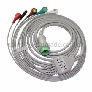 Mindray yang serasi T5 T6 ECG Powerwire kabel ditetapkan, 5-Lead, Snap, AHA, 12ft, Round 12PIN.