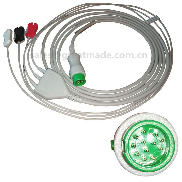 Mindray 12pin One Piece ECG Cable With Leadwires, 3-lead, 5ld, snap